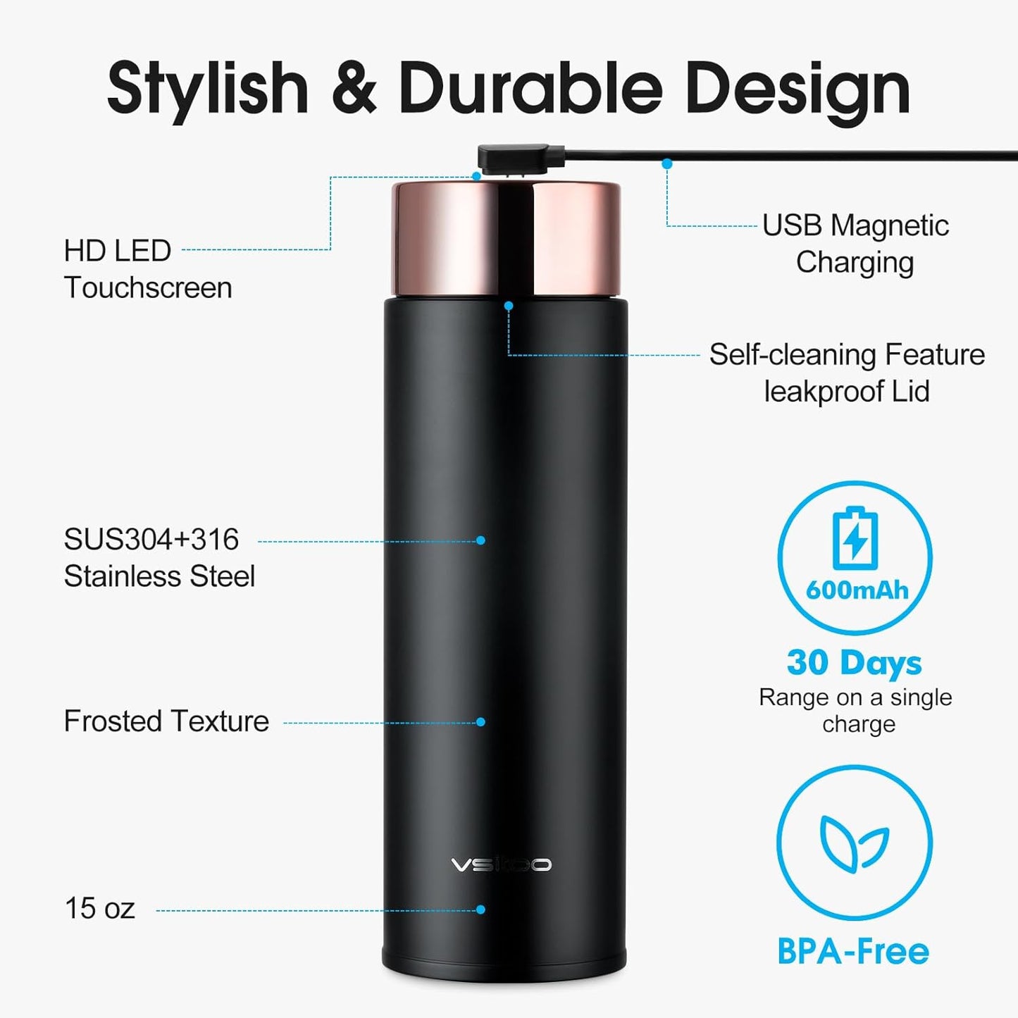 Vsitoo Smart self cleaning Insulated Water Bottle, 15oz Stainless Steel Vacuum Flask, AI Self-Clean, 30-Day Battery Life, BPA-Free, Magnetic Charging, Portable Travel Mug Gifts for Men Women, Black