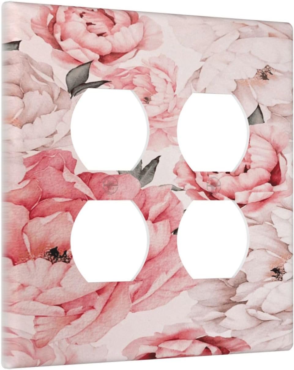 Decorative Outlet Covers Ink Pink Peony Flower Rustic Floral 2 Gang Wall Plate Double Duplex Light Switch Cover Switch Plate Covers Faceplate for Home Bedroom Decor