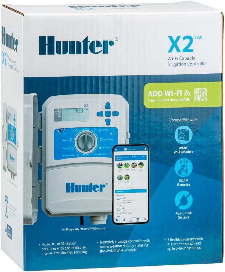 Hunter X2 14-Station Outdoor Sprinkler Controller, Wi-Fi Capable Smart Irrigation System, Hydrawise Compatible, Weather-Based Scheduling for Lawn and Garden
