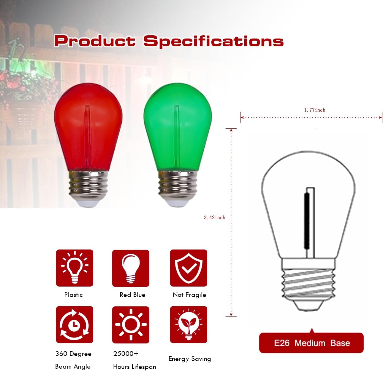 Jslinter Colored String LED Light Bulbs - 1 watt Plastic Outdoor Indoor S14 Bulbs for Christmas String Light Replacement - Shatterproof - E26 Base - 24Pack - Red/Green