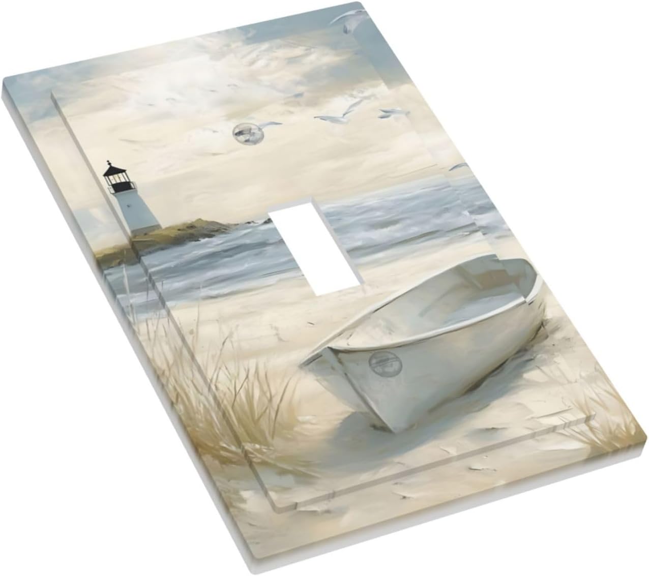 Decorative Light Switch Plate Covers Seascape Painting with Lighthouse Boats 1 Gang Wall Plate Unique Single Toggle Light Switch Covers Artistic Faceplate for Bedroom Decor（2 Pack）