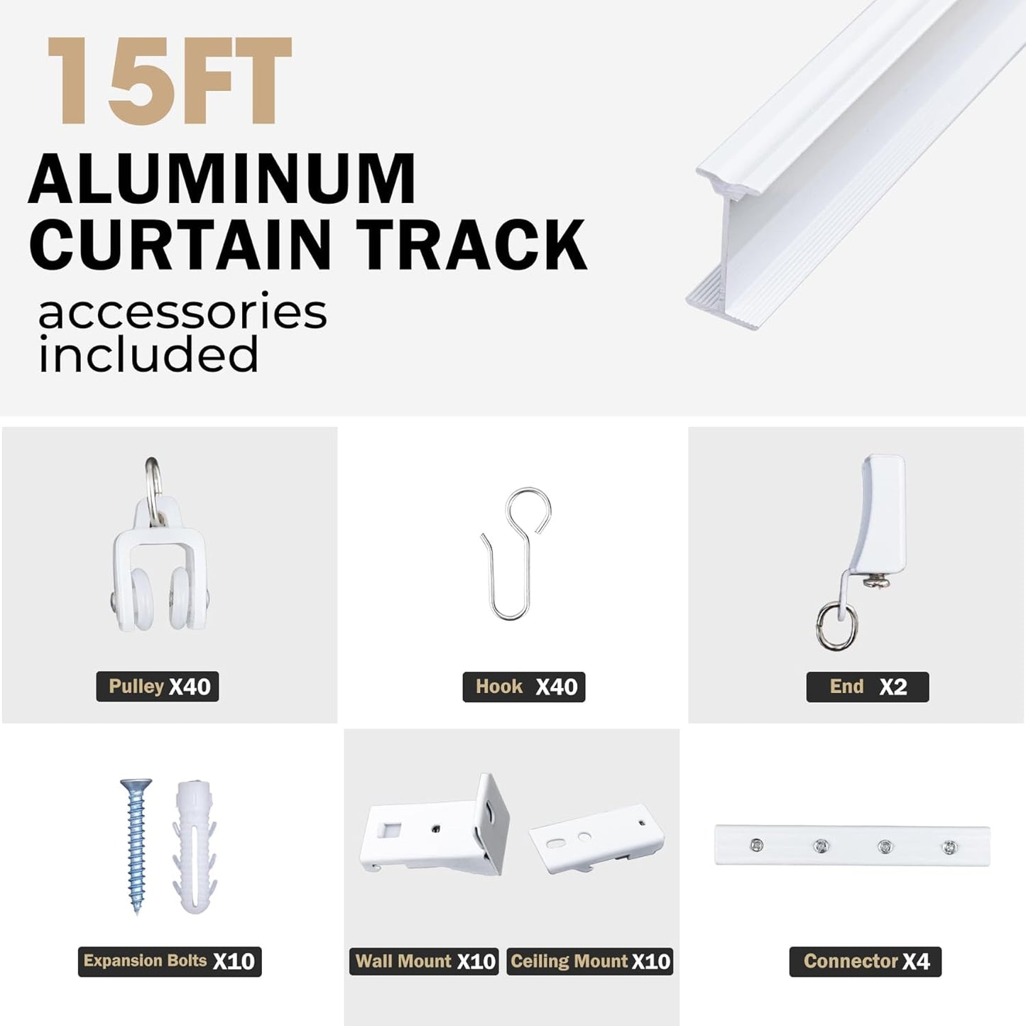 Aluminum Ceiling Curtain Track Set with Hooks Ceiling Mount and Wall Mount Room Divider Sliding Curtain Tracks Rods Flexible Heavy Duty Curtain Rail Hook Sets, White,15FT