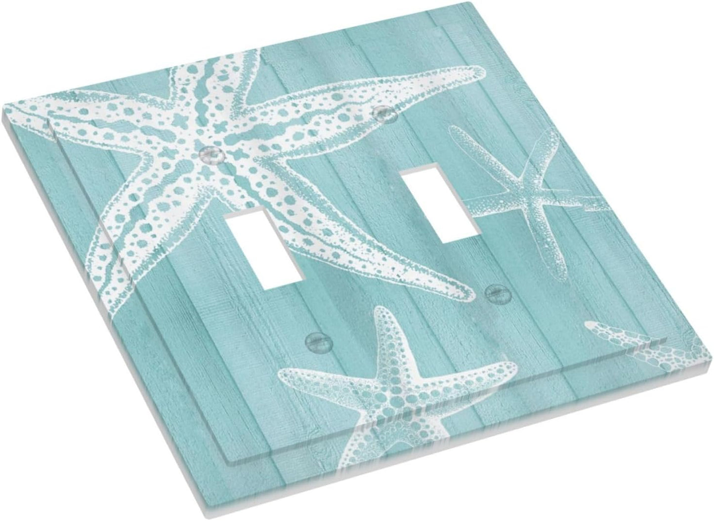 Decorative Light Switch Cover Plate Starfish Teal Wood Board Nautical 2 Gang Outlet Covers Double Toggle Wall Plates for Electrical Outlets Switch Plate Covers Faceplate for Bedroom Home Decor