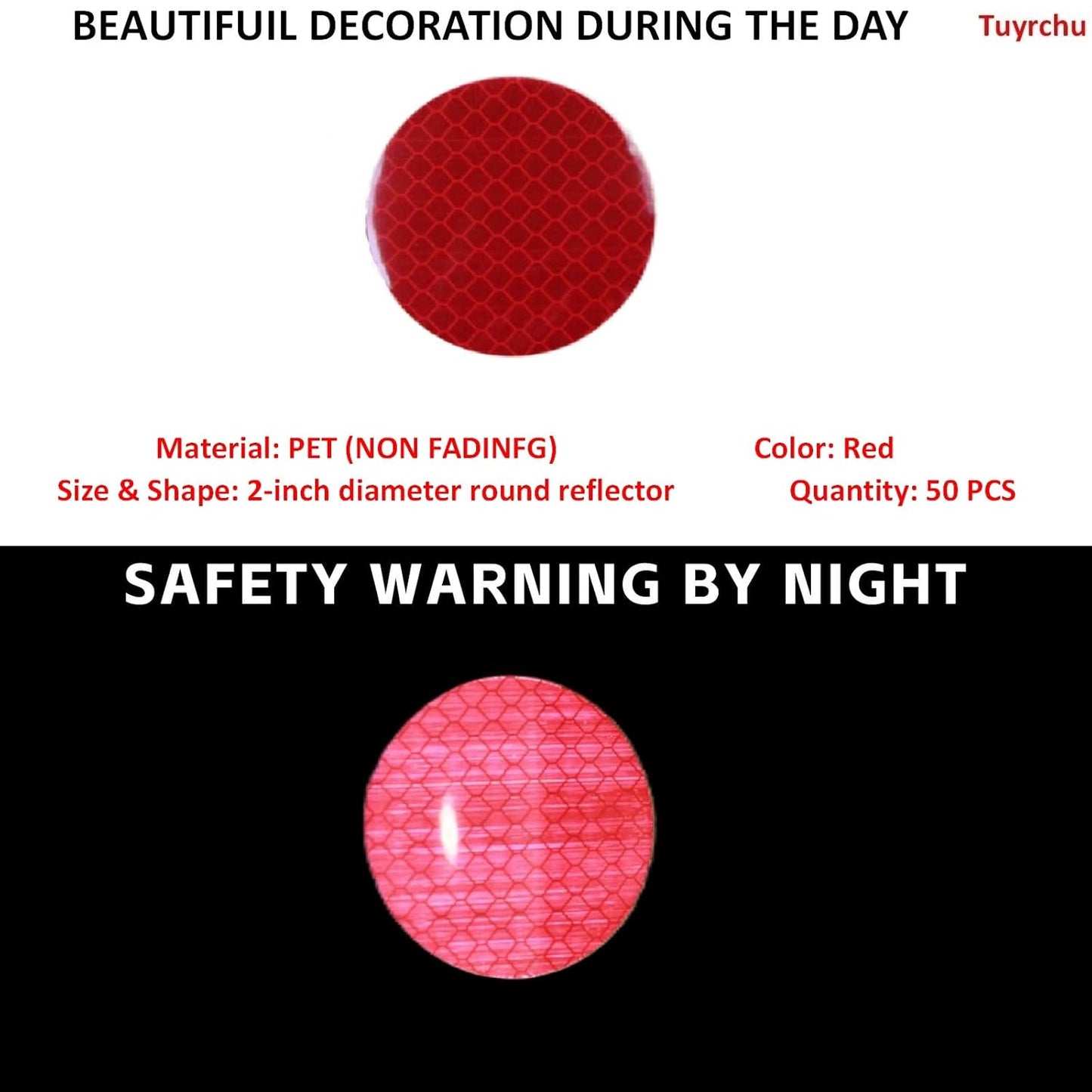 Non Fading Red Reflective Stickers 2-inch Diameter Round Reflector, Outdoor Waterproof High Visibility Warning Adhesive Tape (50 Pcs)