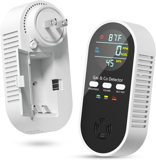 5-in-1 Gas Leak Detector & Carbon Monoxide Detectors Plug in, Portable Carbon Monoxide Detector with Brightness & Volume Adjustment Temperature & Humidity, Battery Backup for Home/RV/Travel