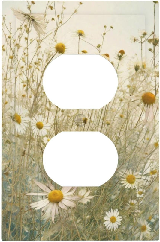 White Wildflowers Daisy Vintage Floral Outlet Covers 1 Gang Duplex Light Switch Cover Decorative Switch Plates Electrical Receptacle Faceplate Wall Plate for Bed Room Living Room Decor
