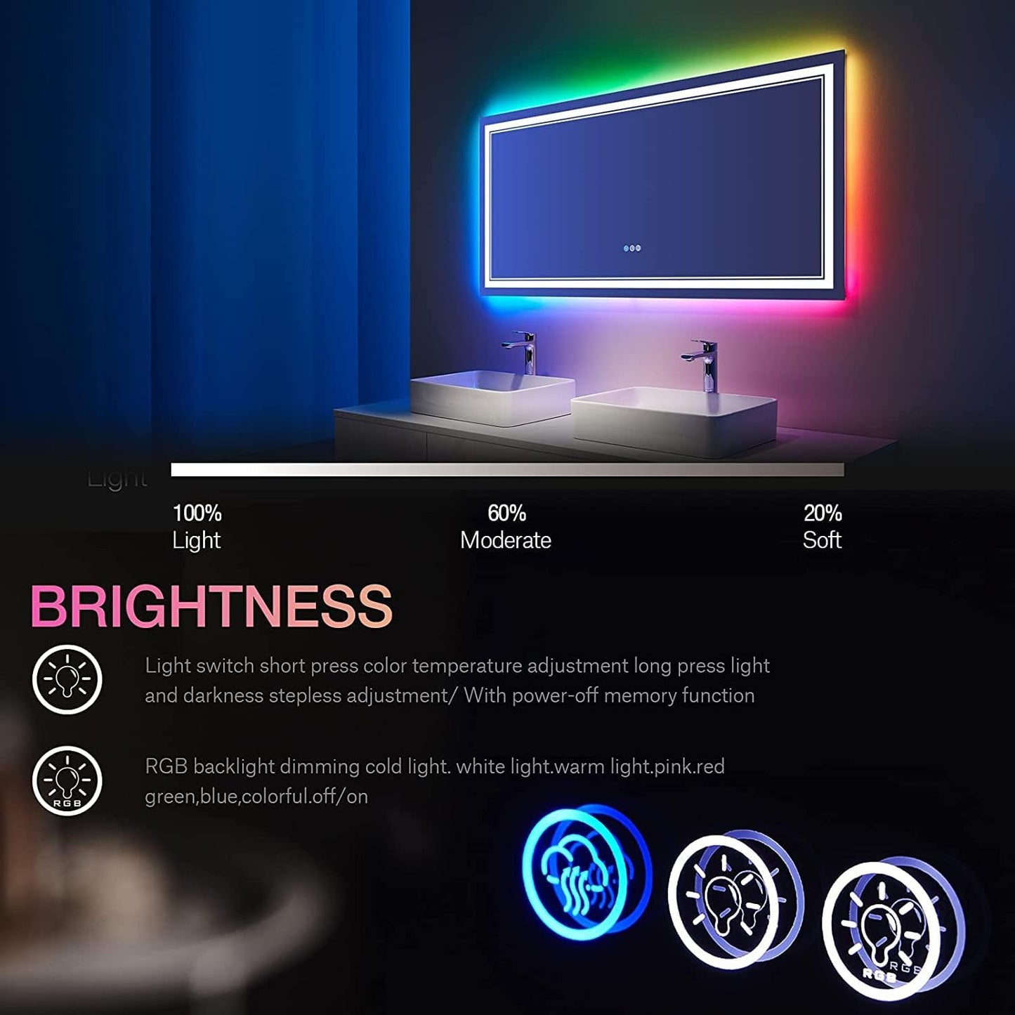 72x36 inch LED Bathroom Mirror with Lights Backlit RGB Color Changing Lighted Mirror for Bathroom Wall Dimmable Anti-Fog Led Mirror (RGB Multicolor Backlit + Adjustable Front-Lighted)
