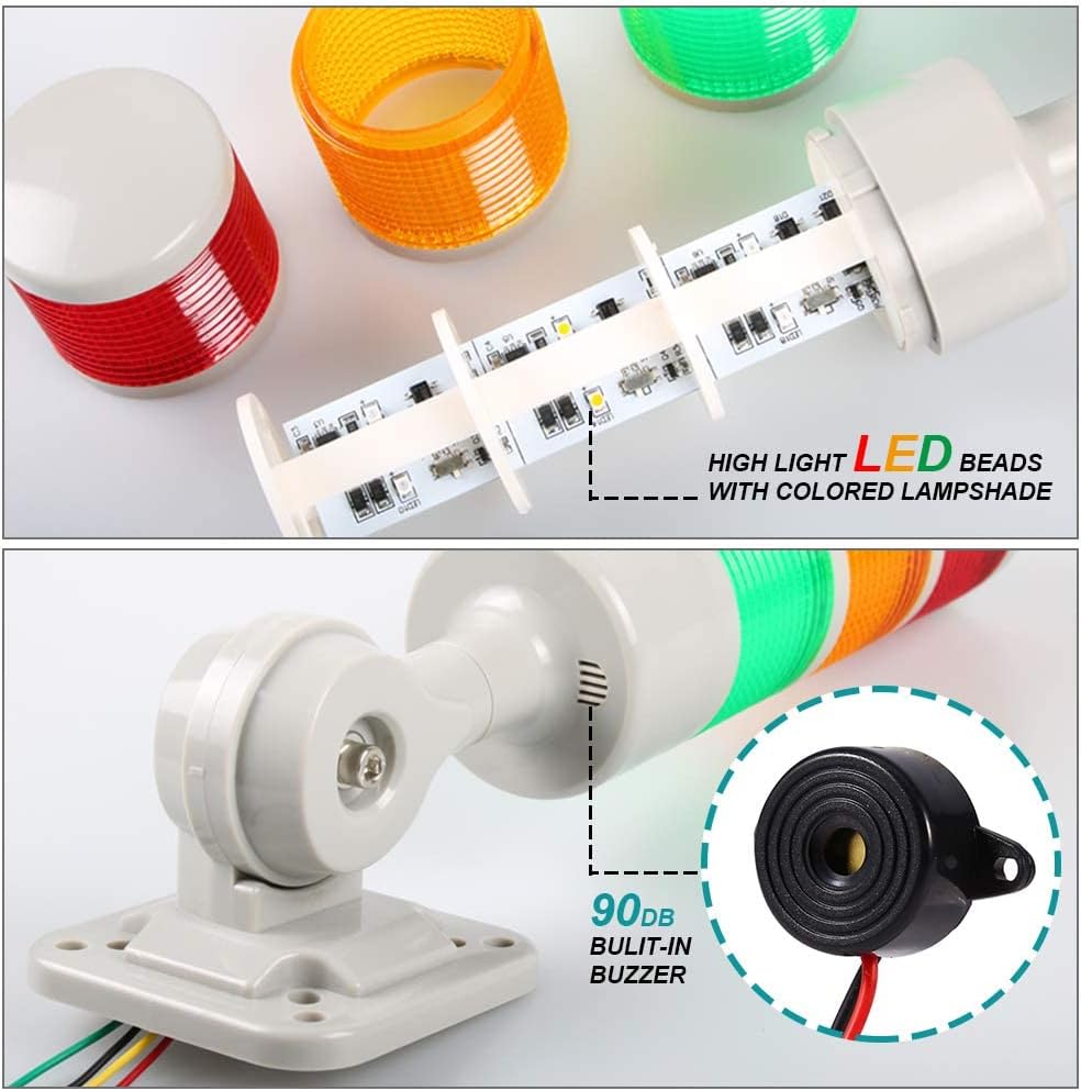 Led Signal Tower Stack Lights, Industrial Warning Column Lamp, Andon With Rotatable Base, Steady/Flashing Switchable, 12V 24V DC (3-Layer, With Buzzer)