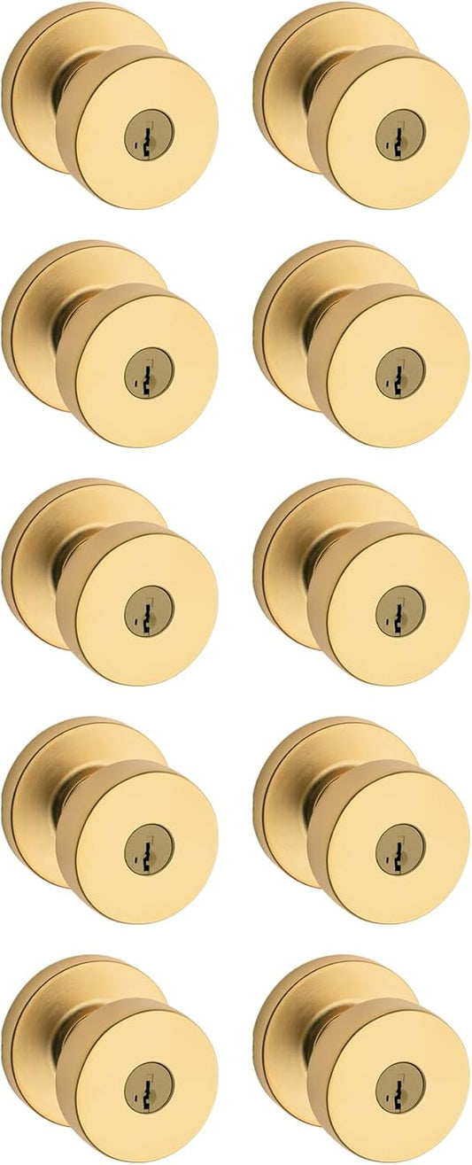 Kwikset Pismo Entry Door Knob with Lock and Key, Secure Keyed Handle Exterior, Front Entrance and Bedroom, Satin Brass, 10 Pack, Pick Resistant SmartKey Rekey Security