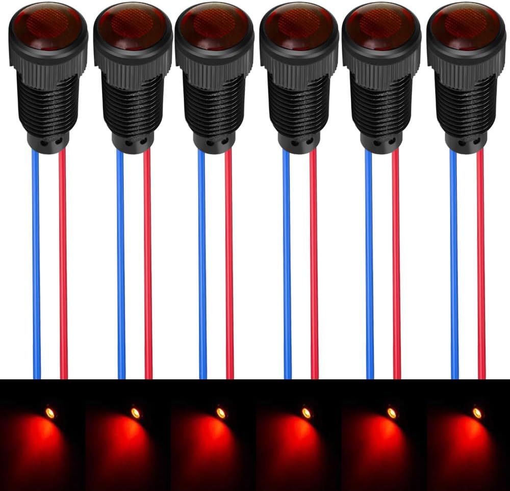 6pcs Red LED Indicator Pilot Light 110VAC Mounting Hole Size 10mm(Flame Retardant Plastic Shell)
