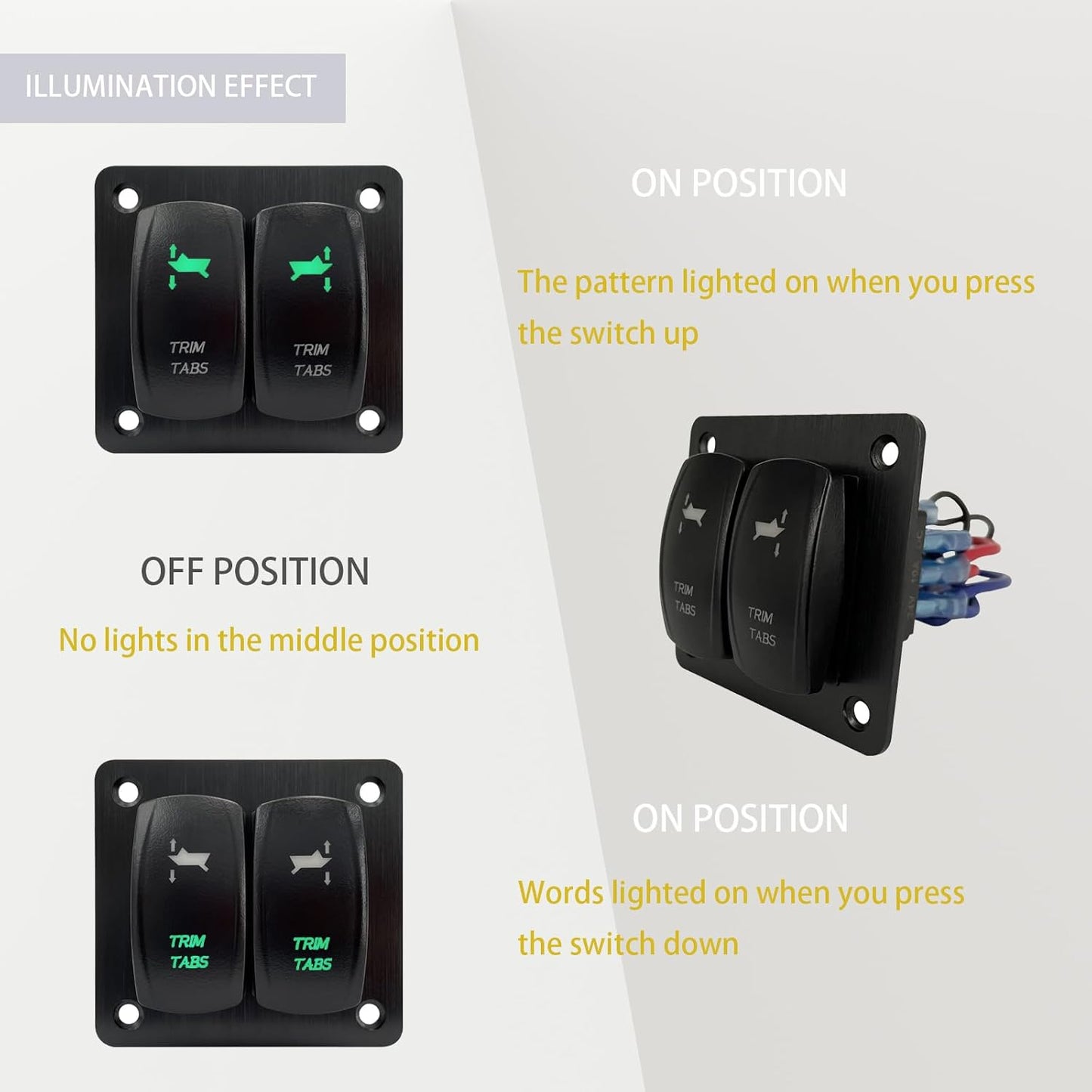 Green Led Trim Tabs Panel (ON)-Off-(ON) Momentary Rocker Switch Panel 3 Way Toggle Switch Panel for Marine Boat Pontoon Yacht Console 12V/20A 24V/10A Waterproof IP68