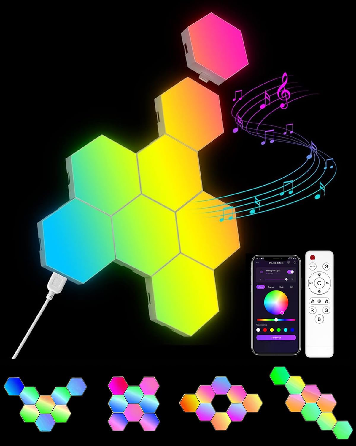 Hexagon LED Lights 8 Pack - RGB Wall Panels with Music Sync, Smart App & Remote Control, DIY Modular Hex Light for Gaming Room, Bedroom, Living Room, Wall Decor