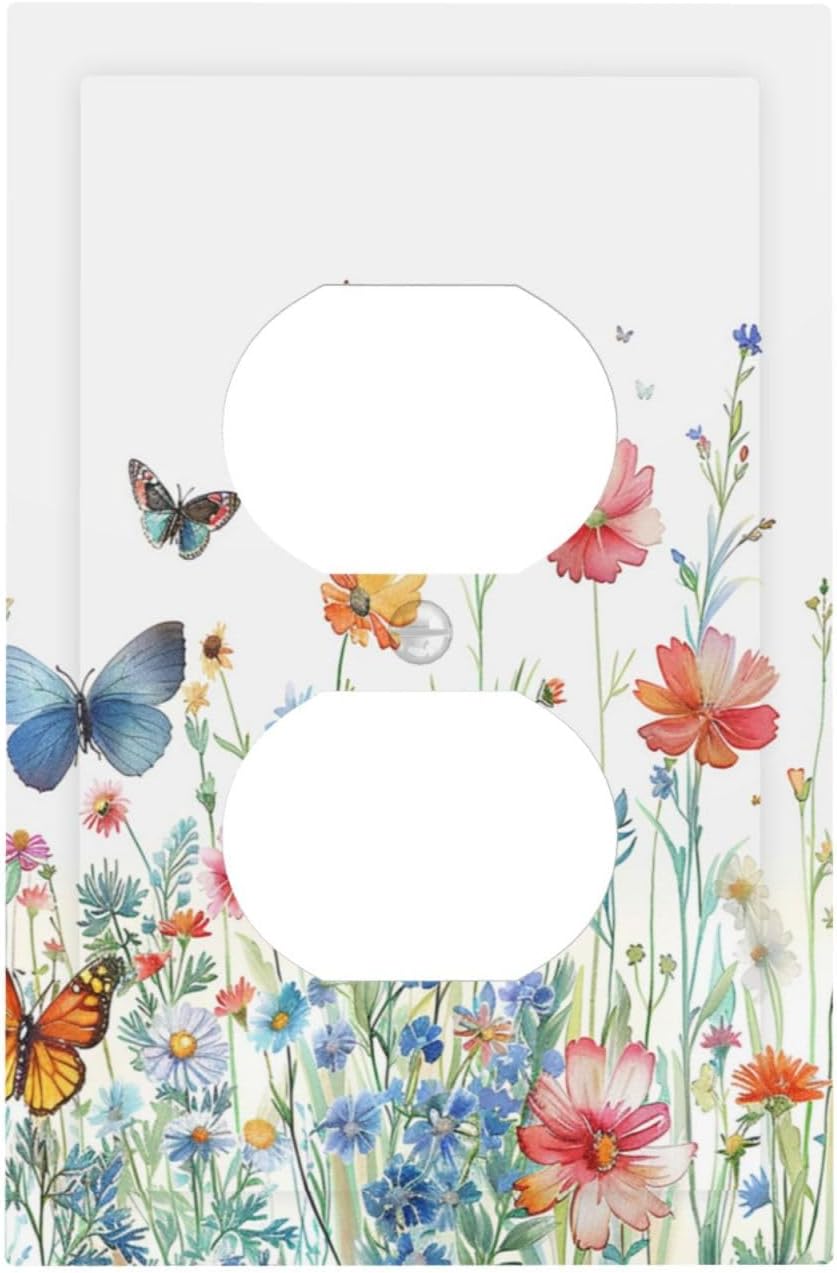 Decorative Outlet Covers Rustic Wildflower Blue Pink Floral Butterfly 1 Gang Duplex Light Switch Cover Plate Unique Wall Plates for Electrical Outlets Switch Plate Covers for Bedroom Decor