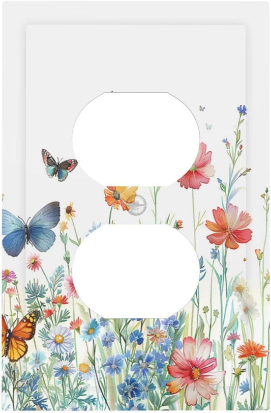 Decorative Outlet Covers Rustic Wildflower Blue Pink Floral Butterfly 1 Gang Duplex Light Switch Cover Plate Unique Wall Plates for Electrical Outlets Switch Plate Covers for Bedroom Decor