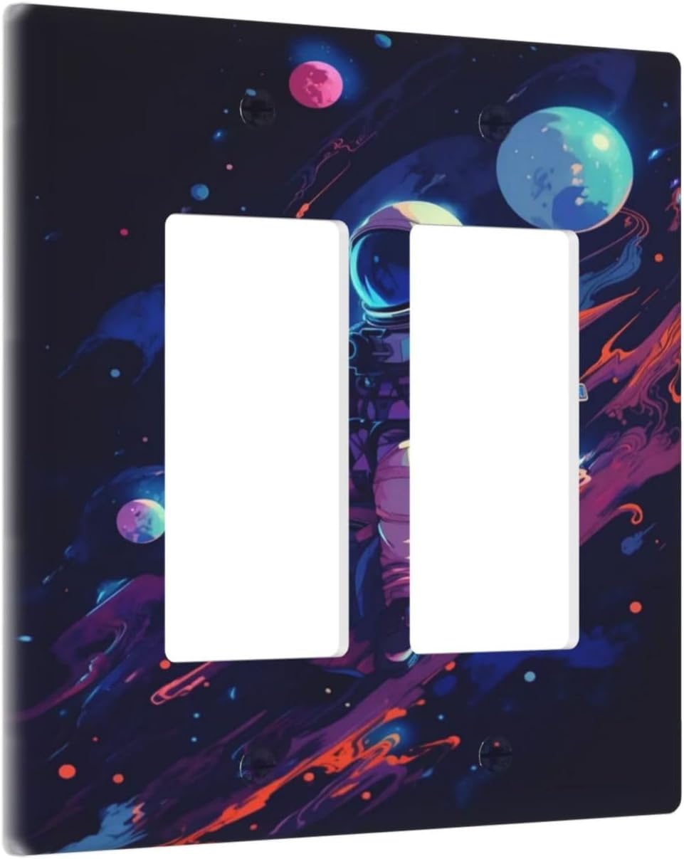 Decorative Outlet Covers Purple Space Astronaut Planet 2 Gang Wall Plate Double Rocker Two Switch Wall Cover Plate Jumbo Dual Electrical GFCI Face Plate for Bedroom Home Decor