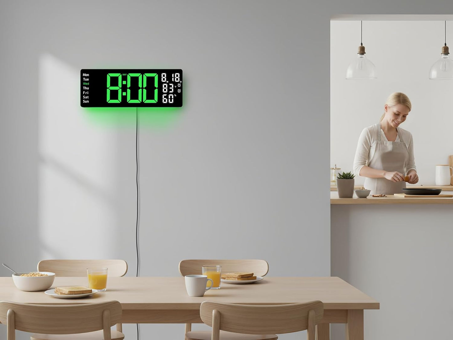 17.5 Inch Green LED Digital Wall Clock with 8 Ambient Light Colors｜Displays Time,Date,Day,Temperature&Humidity,Dual Alarms,Countdown&Stopwatch,DST,10-Level Auto/Manual Brightness｜Modern Silent Clock