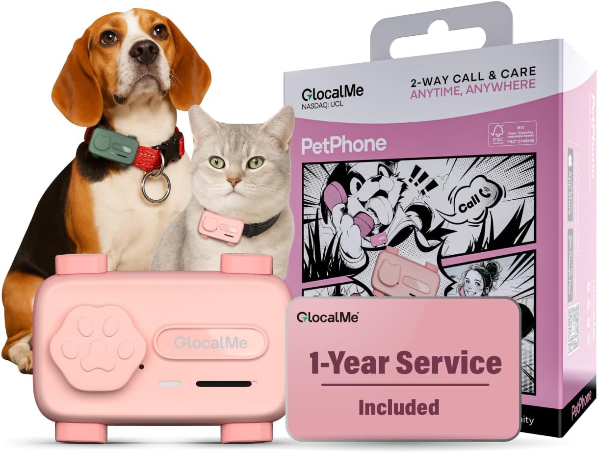 GlocalMe PetPhone Pet Tracker with 1 Year Service, Support Play Music and Two-Way Call, Pet Community and AI Health Alerts, Real Time Tracking and Virtual Fence, Global GPS Tracker for Dog and Cat