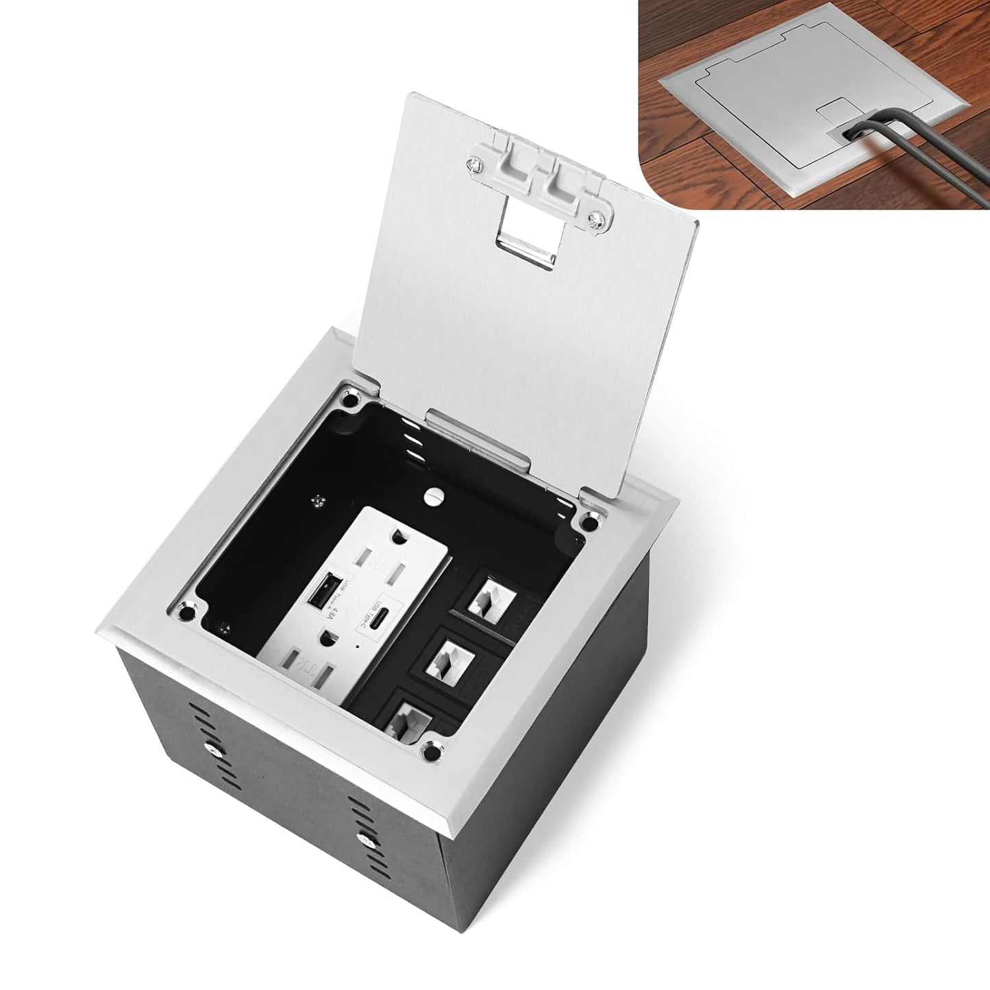 KYHSHJ Recessed Flat Hidden Socket Kit with 2 * 15A Receptacle，4.8A 1 USB-A Ports &1 USB-C Port+3-Port RJ45 Datacom Receptacle.Internal Height Adjustable，Corrosive Resistant Hardware,Silver