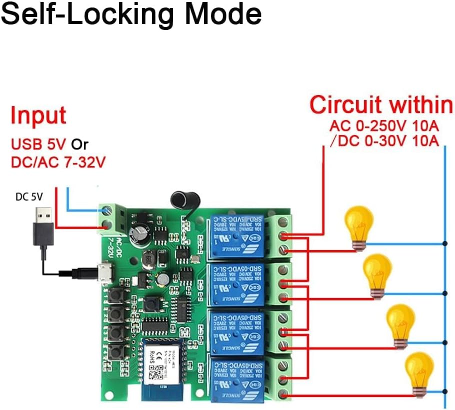 Tuya 4 Channel Updated USB 5V/DC/AC 7-32V, Momentary Inching Self-Locking Relay Module,Tuya App Remote Control,WiFi RF Bluetooth Switch Module,Dry Contact,Compatible with Alexa Goolge Home