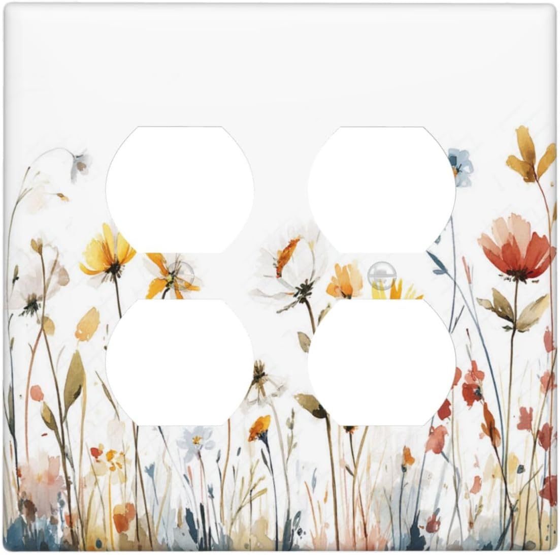 Watercolor Wildflower Colorful Floral Plant Outlet Covers 2 Gang Double Duplex Decorative Light Switch Covers Electrical Wallplates Socket Faceplate for Bed Room Living Room Decor