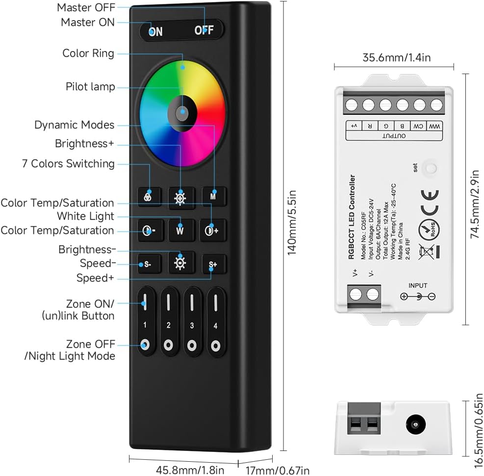 4-Zone RGBCCT RGBWW RF 2.4GHz Wireless Remote Controller Kit, PWM RGBCCT (+ R G B C W) 6pin LED Strip DC5V DC12V DC24V Max 12A Indoor String Light