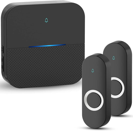 AIDA Lighted Wireless Doorbell for Home, Waterproof Battery Doorbell 1,000ft Range, 5 Volume Levels with 58 Doorbell Chimes & LED Flash (Black, Doorbell with 2 transmitters & 1 Receiver)