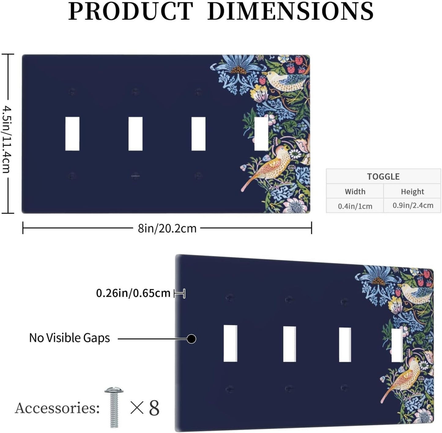 Decorative Light Switch Cover Plate Vintage Blue Morris Strawberry Thief Bird Flower 4 Gang Wall Plate Oversized Quad Toggle Switch Cover Plate Jumbo Faceplate