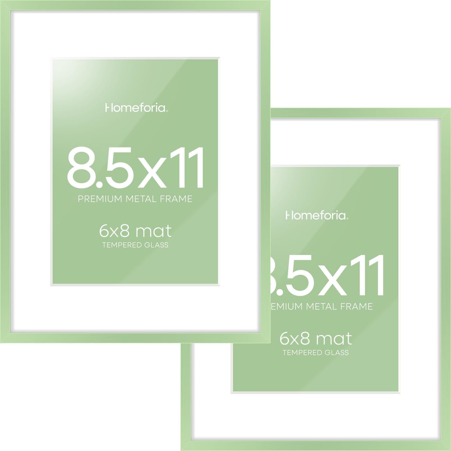 Homeforia 8.5x11 Sage Green Frame, High End Metal 8.5 x 11 Picture Frames with Mat 6 by 8 inch Photo, 11x8.5 Poster Frame Matted to 6x8 Art, Wall or Tabletop Frames, Tempered Glass, Wall Kit, Set of 2