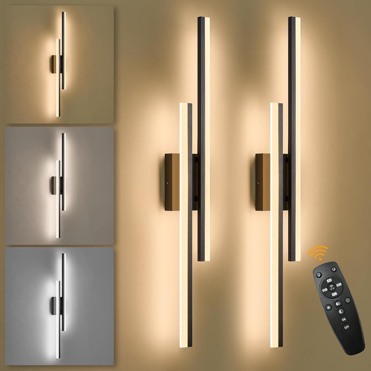 LED Wall Sconce Set of 2 Black Remote Modern LED Vanity Lights Set of 2 Indoor Wall Light Fixtures for Living Room, Dimmable Wall Sconce for Bedside Bedroom Bathroom, 31.5inch 2 Pack