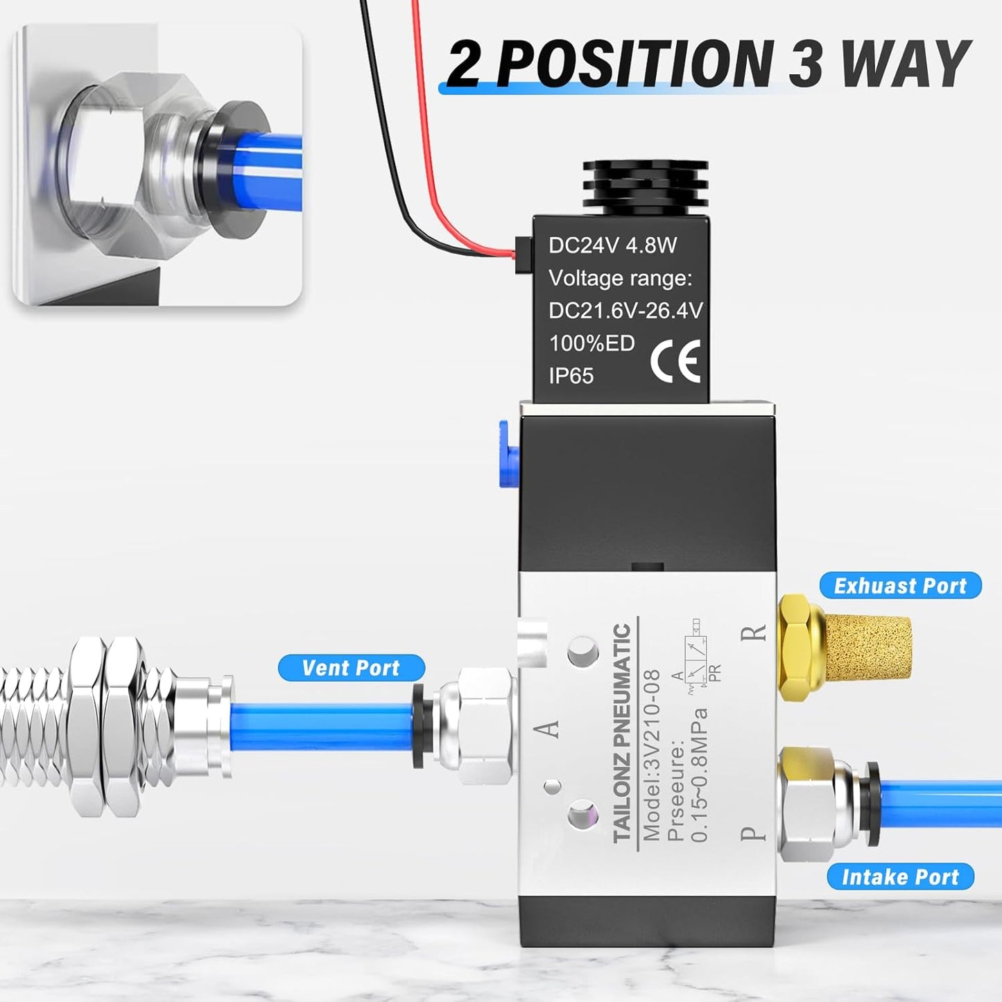 TAILONZ PNEUMATIC 1/4"NPT Solenoid Valve 3V210-08 24V Single Coil Pilot-Operated Electric 2 Position 3 Way Connection Type(Outlet wire)