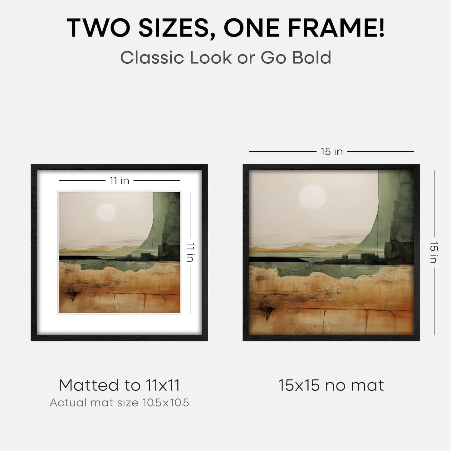 Homeforia 15x15 Black Wood Frame, High End Oak 15 x 15 Square Picture Frames with Mat 11 by 11 inches Photo, 15by15 Black Wooden Poster Frames Matted to 11x11 Print, Tempered Glass, Wall Kit, Set of 3