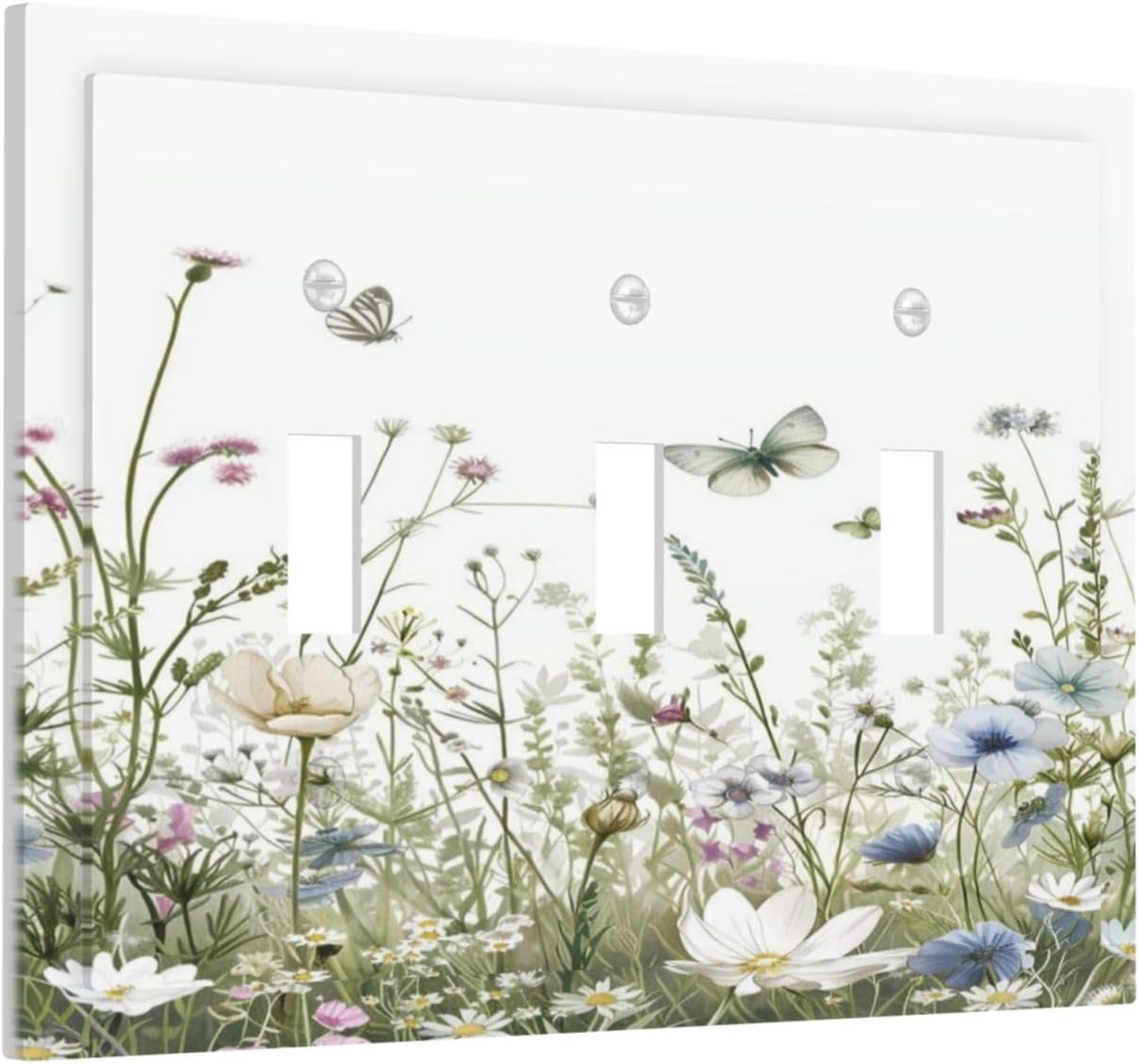 Colorful Wildflowers Daisy Plant Butterfly Floral Decorative Switch Plates 3 Gang Wall Plate Triple Toggle Light Switch Cover Faceplate Electrical Wall Panels for Bed Room Living Room Decor