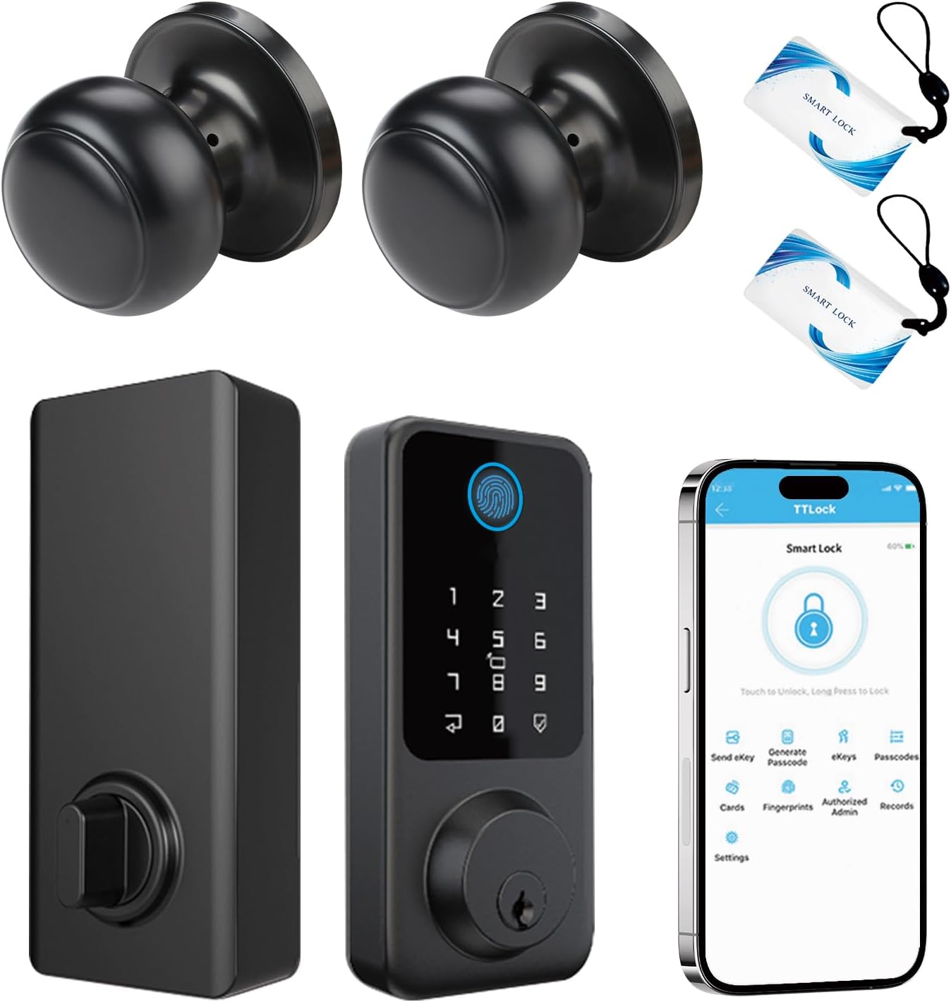 Smart Door Lock with Door Knobs, Fingerprint Door Lock with Handle, Black Smart Lock Round Handles for Home, Apartment