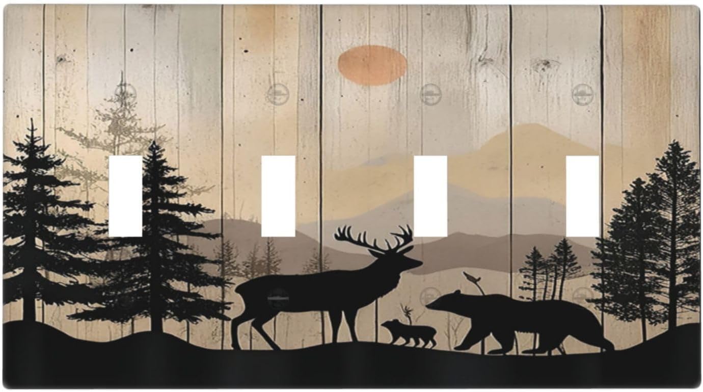 Light Switch Covers Wood Board Wildlife Cute Bear Deer Forest Rustic Quad Toggle Electrical Faceplate 4 Gang Wall Plate Decorative Switch Plates for Bathroom Farmhouse Decor