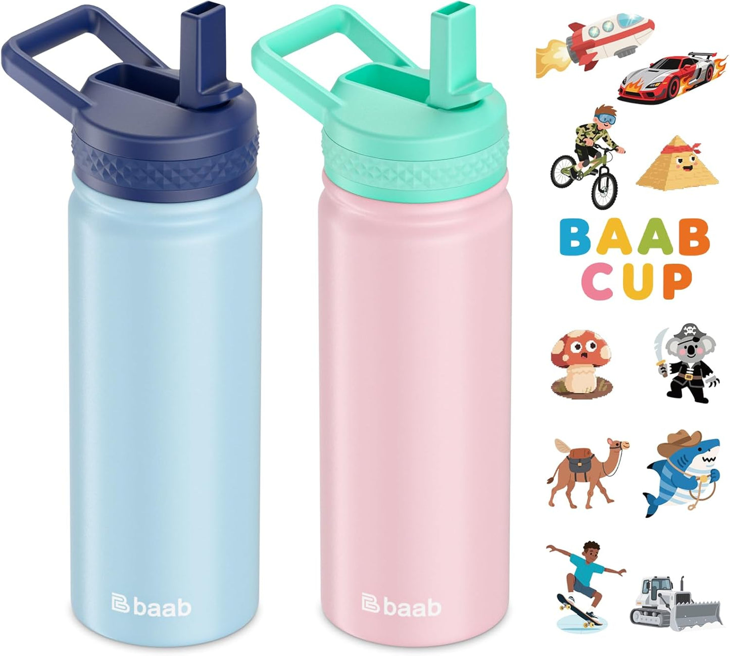 baab 18oz Kids Water Bottle, Insulated Water Bottle with Straw & Stickers, 18/8 Stainless Steel Vacuum Leakproof Kids Water Straw Cup for School, Perfect for Boy Girl (Light Blue+Pink, 2 Pack)