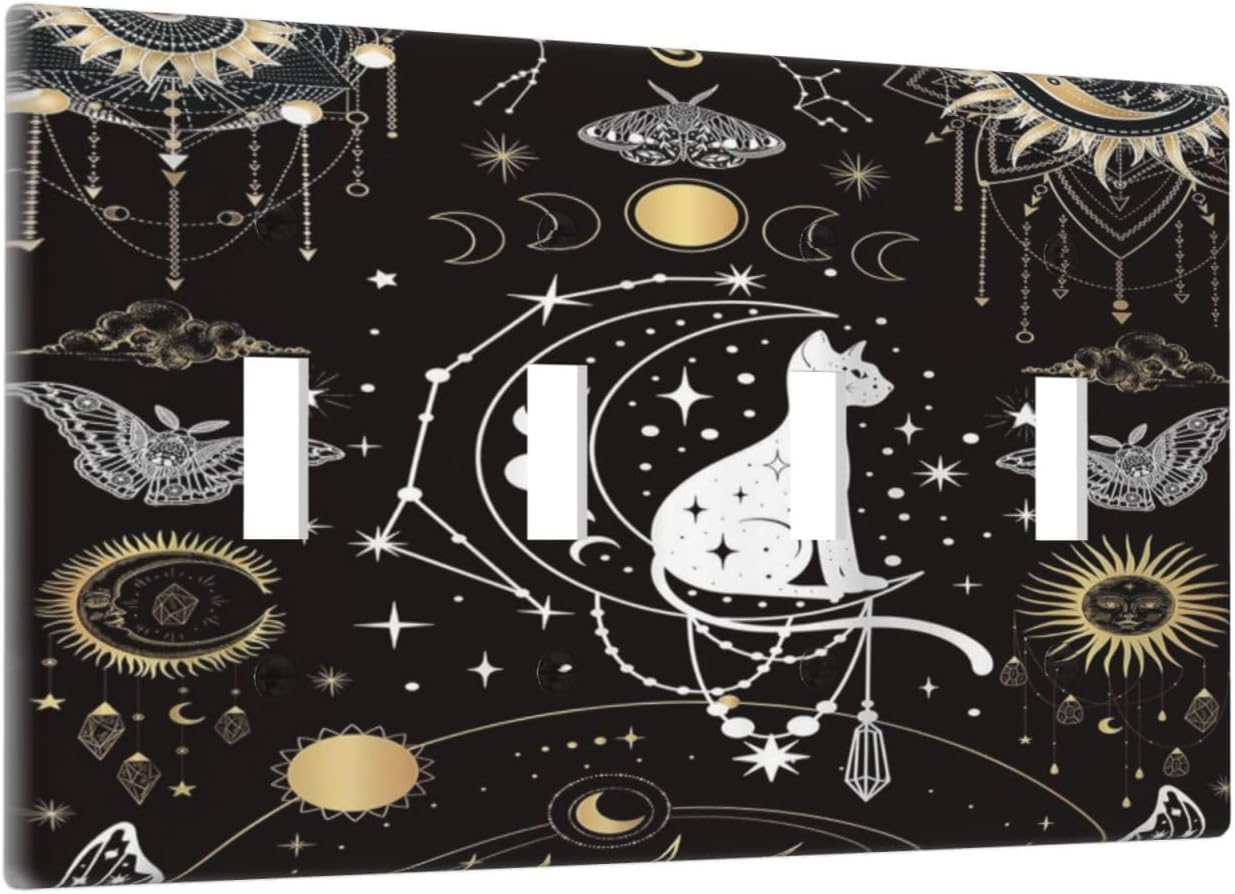White Cat Tarot Moon Phases Moth Celestial Gothic Light Switch Covers Quad Toggle Electrical Faceplate 4 Gang Wall Plate Decorative Switch Plates Cover for Kids Room Bedroom Decor