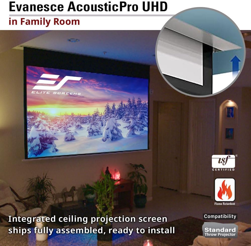 Elite Screens Evanesce 126" in-Ceiling Motorized Projector Screen 16:9, Acoustic Pro UHD, 8K HD Perforated Weave, Acoustically Transparent, Recessed Drop-Down for Standard Throw, IHOME126H3-E12-AUHD