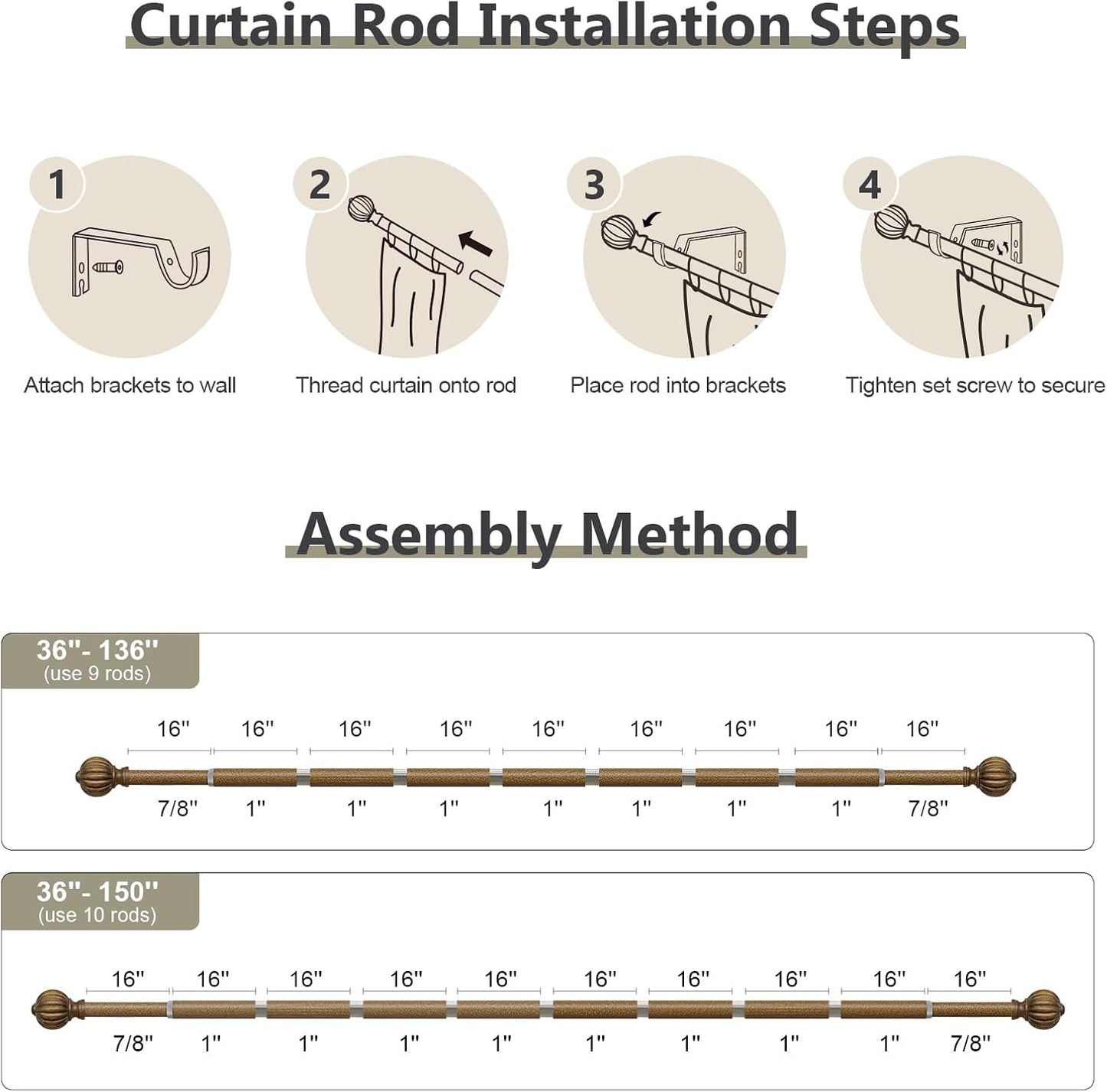 Antiqued Bronze Curtain Rods for Windows 72 to 144 Inch, 1'' Adjustable Heavy Duty Curtain Rod，Vintage Decorative Drapery Rods with Pumpkin Finials for Bedroom Living Room
