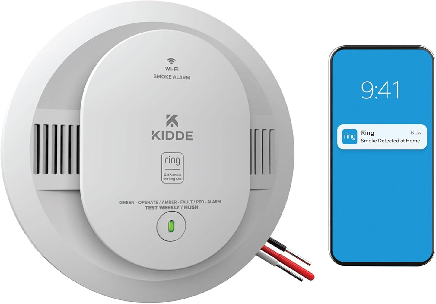 Kidde Smart Smoke Detector, Ring App Enabled for Real-Time Notifications, Hardwired Alarm, AA Backup Battery
