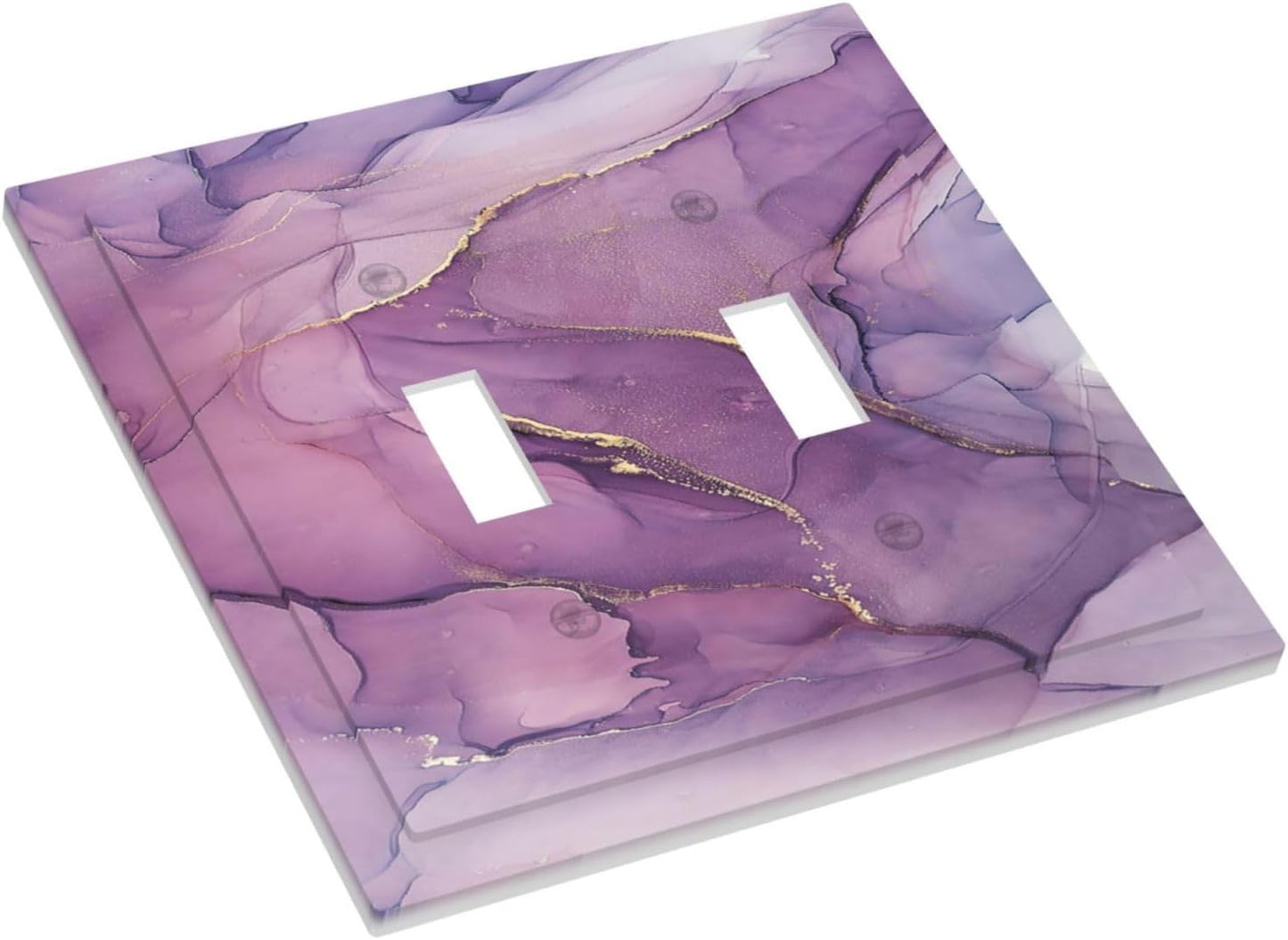 Decorative Switch Plates Purple Marbling Golden Line 2 Gang Double Toggle Outlet Light Switch Cover Wall Plate Electrical Faceplate for living Room Bathroom Decor
