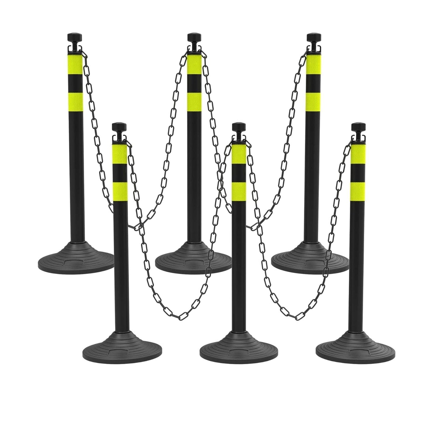 6 Pack Traffic Delineator Post Cones with Plastic Chain Crowd Control Barriers - Expandable 40" Traffic Control Cones, 6 x 6.6 Ft Chains for Indoor & Outdoor Use (Black-Rubber Base)