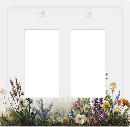 Decorative Outlet Covers White Background Colorful Flowers Plants Green Leaves 2 Gang Double Rocker Light Switch Cover Plate Electrical Switch Plate Cover Decorate GFCI Wall Plate for Bedroom Home