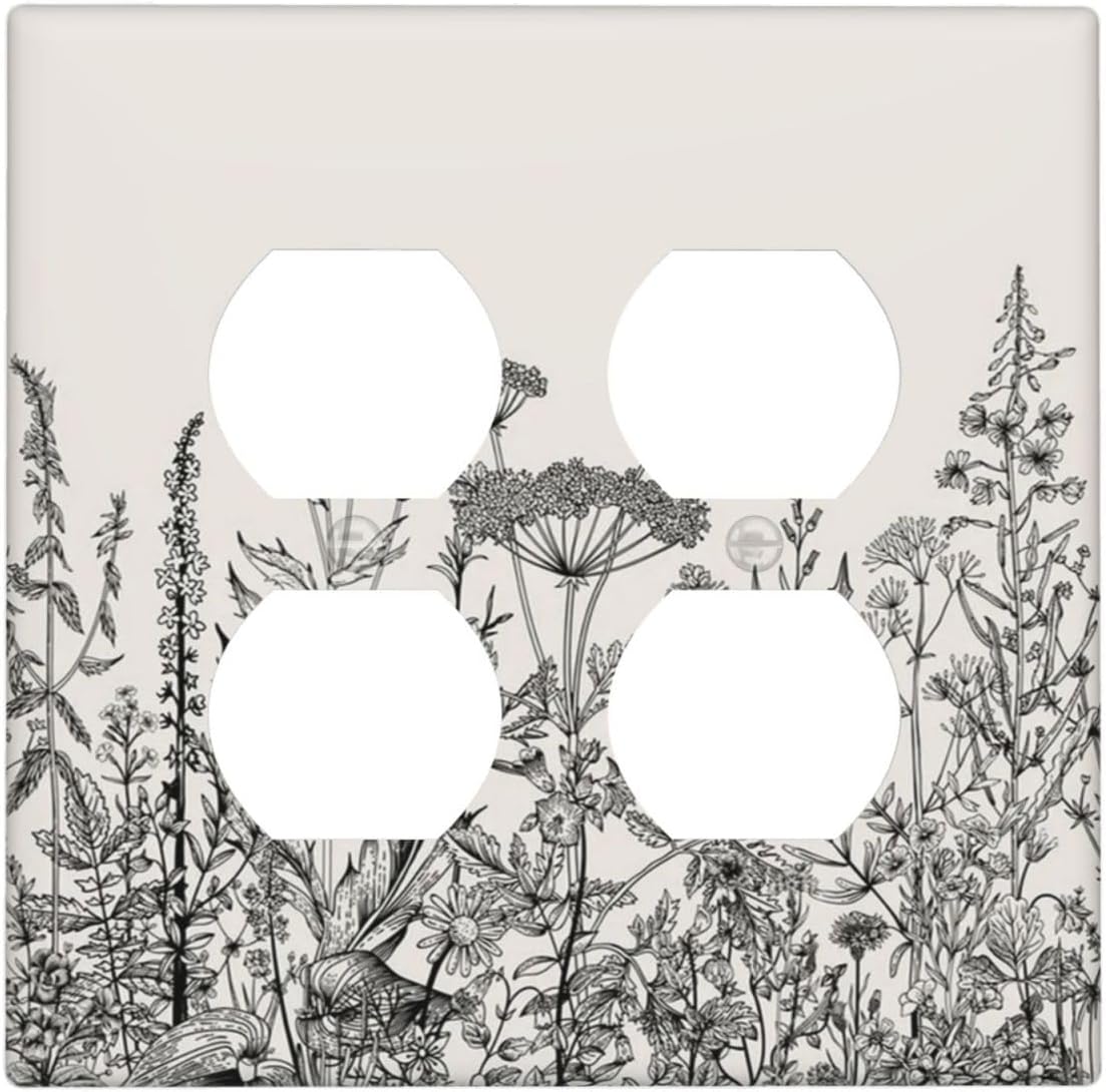 Decorative Outlet Covers Beige Skech Plant Leaves Flowers 2 Gang Wall Plate Cover Double Duplex Receptacle Two Switch Light Switch Cover Plate Jumbo Dual Faceplate for Home Decor