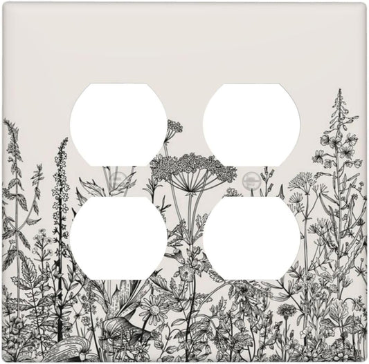 Decorative Outlet Covers Beige Skech Plant Leaves Flowers 2 Gang Wall Plate Cover Double Duplex Receptacle Two Switch Light Switch Cover Plate Jumbo Dual Faceplate for Home Decor