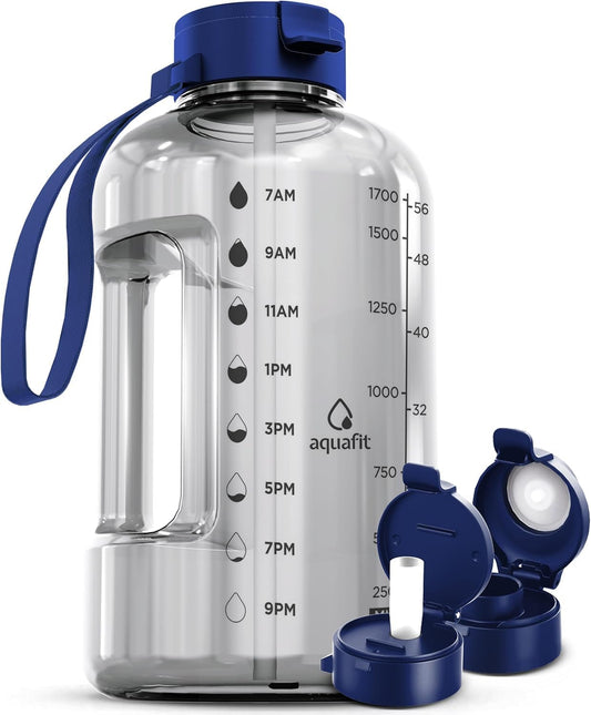 AQUAFIT 64 oz Water Bottle with Time Marker - Straw & Chug Lid - BPA Free Half Gallon Gym Water Bottle with Handle - Big Gallon Jug (Clarity, 64 Ounces)