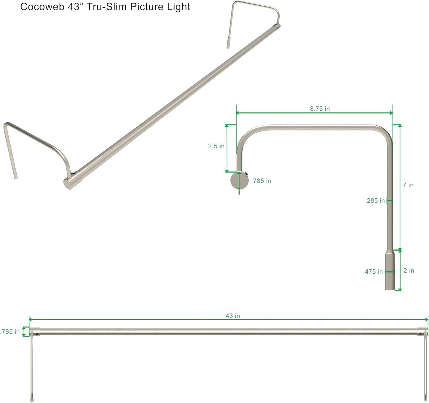 Cocoweb 43 Inch Tru-Slim Satin Nickel Picture Light - LED, 2700K, Adjustable Arm, Plug-in, Toggle Switch, Sleek and Compact Design