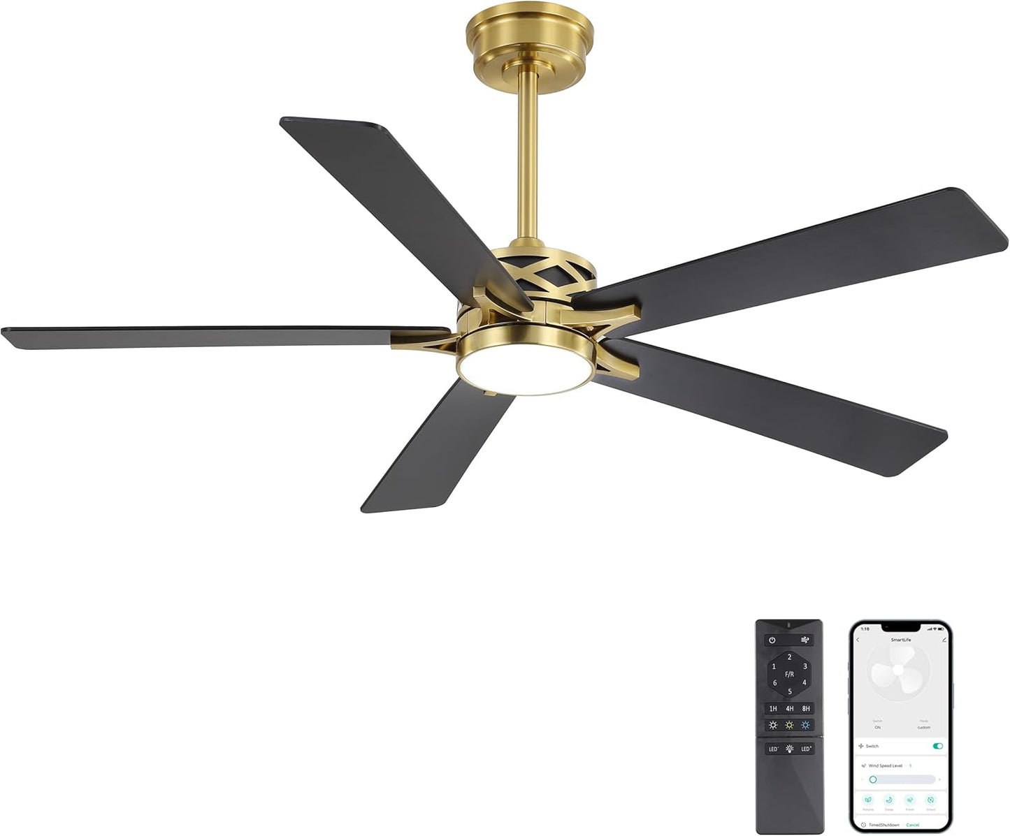 WINGBO 52" Smart Ceiling Fan with Lights, 5 Plywood Blades, 6 Speeds Reversible DC Motor, Works with Alexa and Google Assistant, 3CCT Dimmable LED Ceiling Fan for Bedroom Living Room, Brass and Black