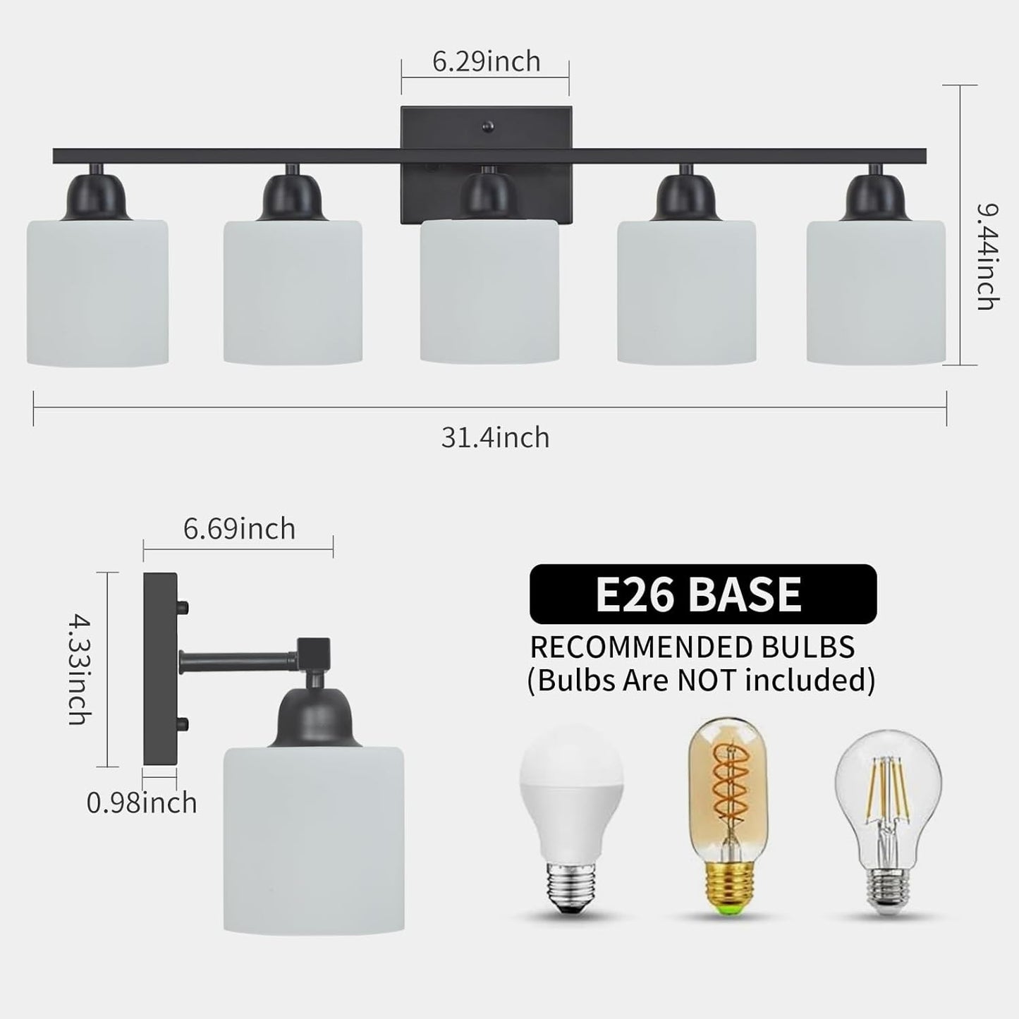 5-Light Black Bathroom Vanity Light, Black Vanity Light with Milky White Frosted Glass Shades, Modern Vanity Light Fixture for Bathroom Mirror, Bedroom, Living Room, Hallway, Vanity Table, E26 Base