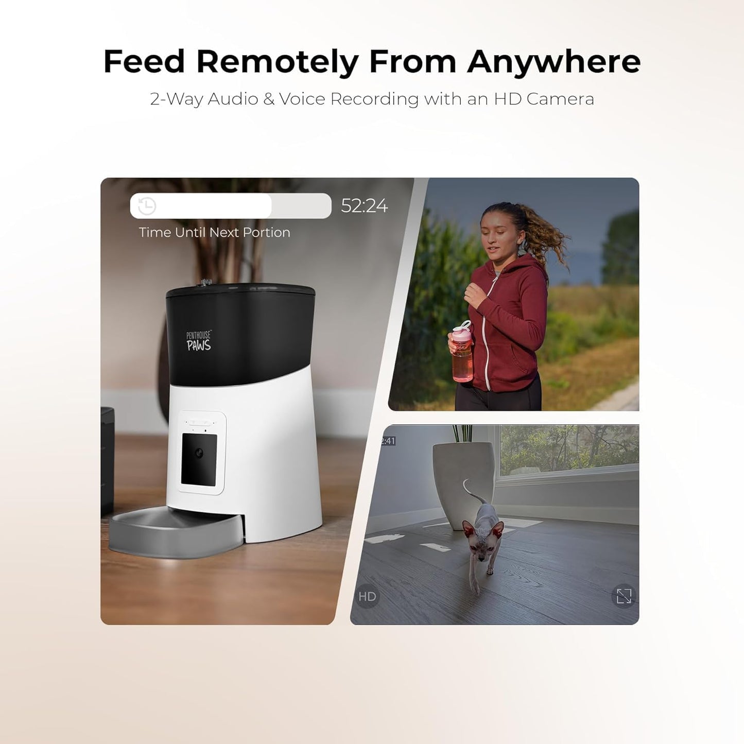 Smart HD Automatic Cat Feeder with 1080P Camera & Night Vision, 2-Way Audio, WiFi App Control, Anti-Jam 6L Cat Feeder with Backup Power, Easy to Clean, Up to 15 Meals for Cat & Dog, White Stainless