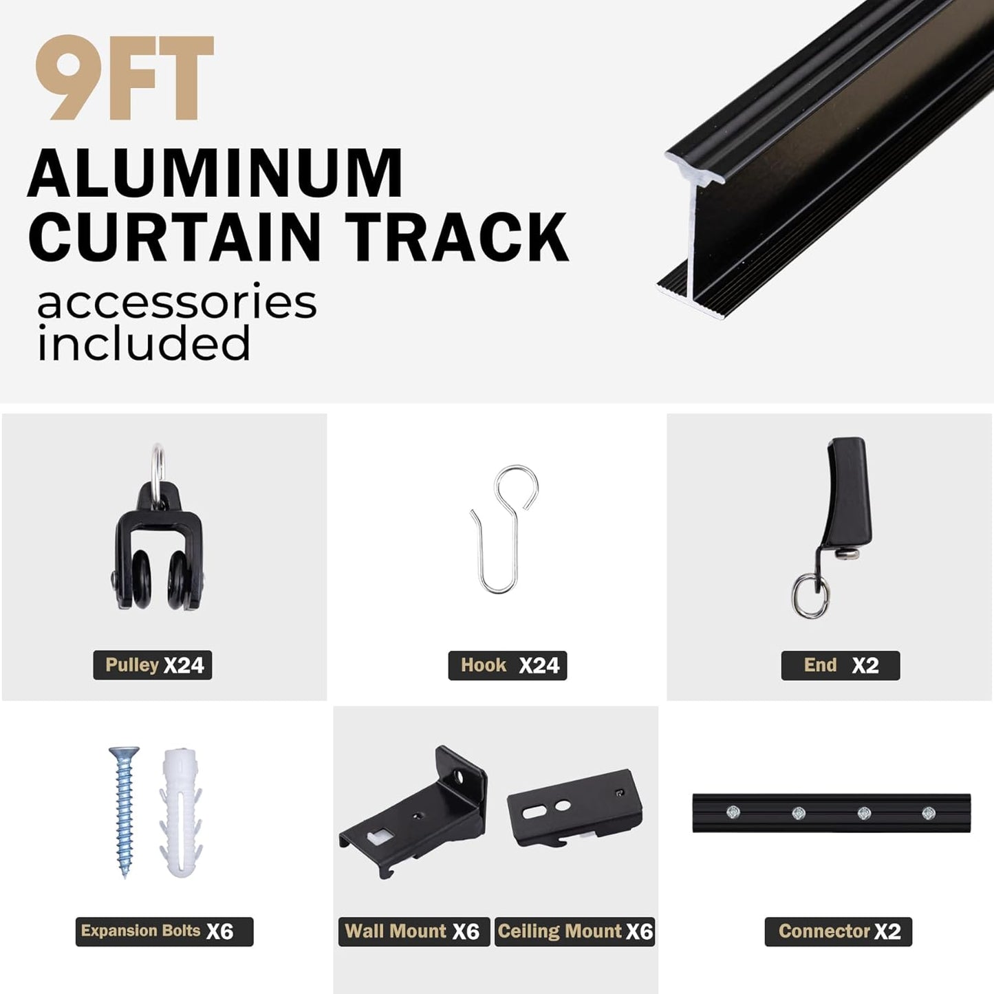 Aluminum Ceiling Curtain Track Set with Hooks Ceiling Mount and Wall Mount Room Divider Sliding Curtain Tracks Rods Flexible Heavy Duty Curtain Rail Hook Sets, Black, 9FT